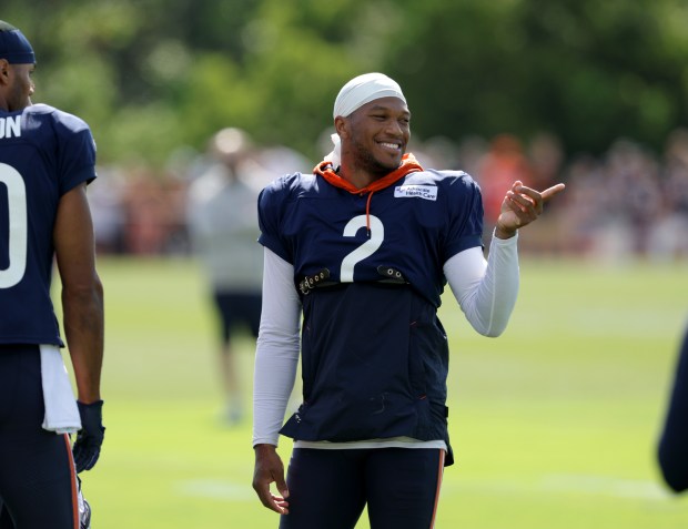 Chicago Bears wide receiver DJ Moore (2) during training camp at Halas Hall on Aug. 7, 2024, in Lake Forest. (Stacey Wescott/Chicago Tribune)