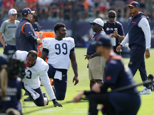 Chicago Bears defensive tackle Gervon Dexter Sr. (99) during training camp at Halas Hall on Aug. 7, 2024, in Lake Forest. (Stacey Wescott/Chicago Tribune)