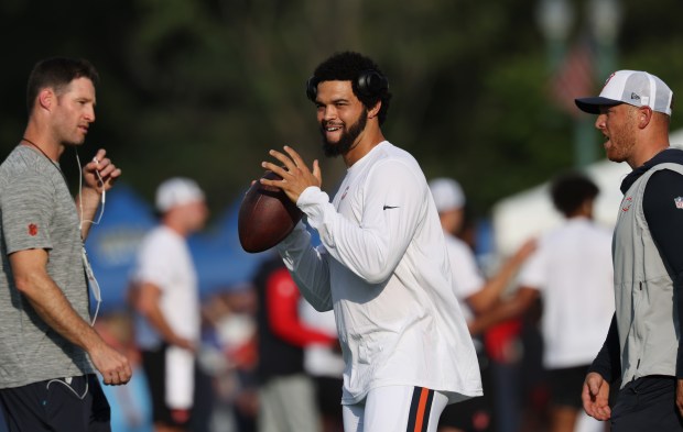 Bears quarterback Caleb Williams warms up before the Hall of Fame Game against the Texans at Tom Benson Hall of Fame Stadium on Aug. 1, 2024, in Canton. (John J. Kim/Chicago Tribune)