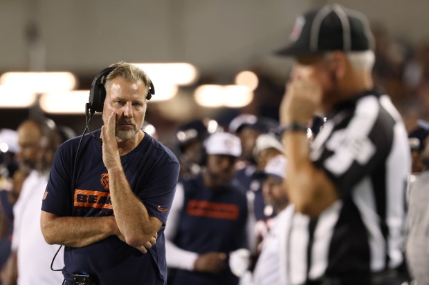 Bears coach Matt Eberflus motions to an official in the second quarter against the Texans in the Hall of Fame Game at Tom Benson Hall of Fame Stadium on Aug. 1, 2024, in Canton. (John J. Kim/Chicago Tribune)