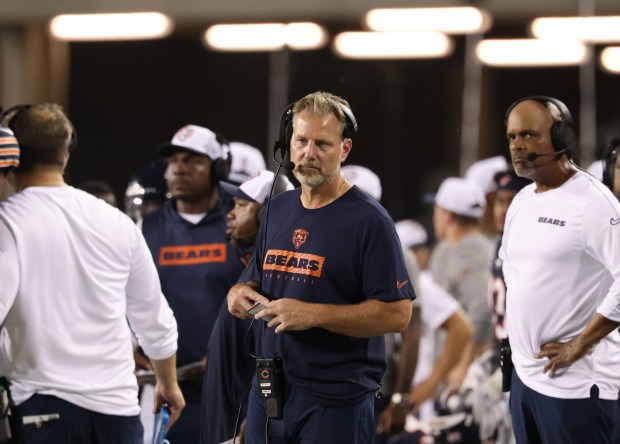 Bears head coach Matt Eberflus, center, watches the second quarter against the Texans in the Hall of Fame Game at Tom Benson Hall of Fame Stadium on Aug. 1, 2024, in Canton. (John J. Kim/Chicago Tribune)