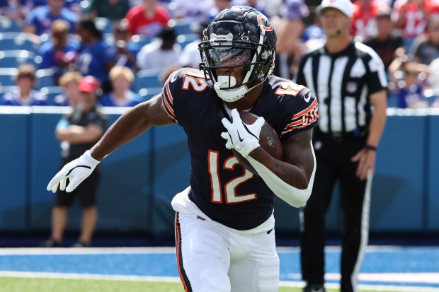 The Bears' Velus Jones Jr. carries the ball during a preseason game against the Bills on Aug. 10, 2024, in Orchard Park N.Y. (AP Photo/Jeffrey T. Barnes)