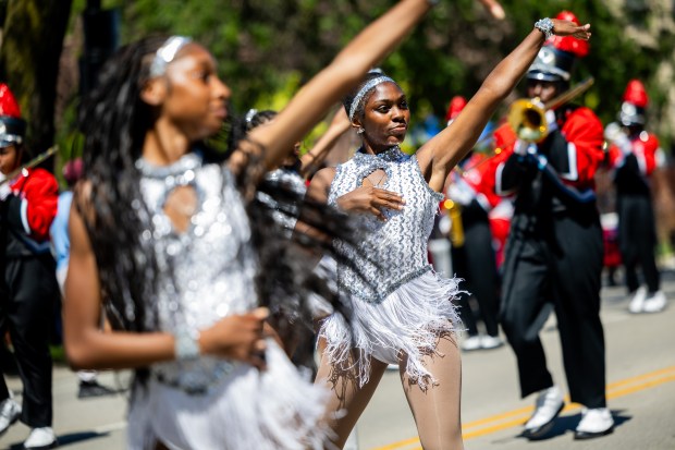 Members of Kenwood Academy High School perform during the 95th Annual Bud Billiken Parade in Chicago's Bronzeville neighborhood on Aug. 10, 2024. (Tess Crowley/Chicago Tribune)