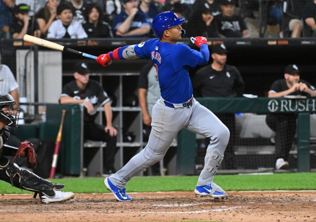 Miguel Amaya of the Cubs hits a two-run single during the eighth inning against the White Sox at Guaranteed Rate Field on Aug. 10, 2024. (Nuccio DiNuzzo/Getty Images)