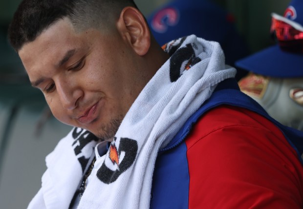 Cubs starting pitcher Javier Assad rests in the dugout in the fourth inning against the Twins on Aug. 7, 2024, at Wrigley Field. (John J. Kim/Chicago Tribune)