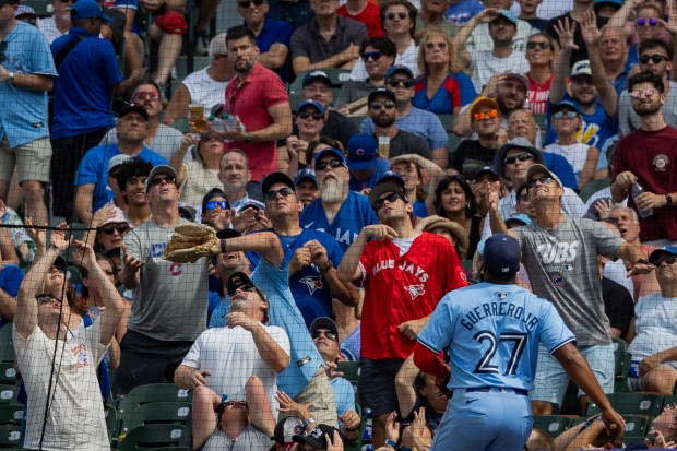 Fans attempt to catch a home run ball after Chicago Cubs center fielder Pete Crow-Armstrong (52) hits a home run in the fifth inning against the Toronto Blue Jays at Wrigley Field in Chicago on Aug. 16, 2024. The Cubs won 6-5 against the Toronto Blue Jays. (Tess Crowley/Chicago Tribune)