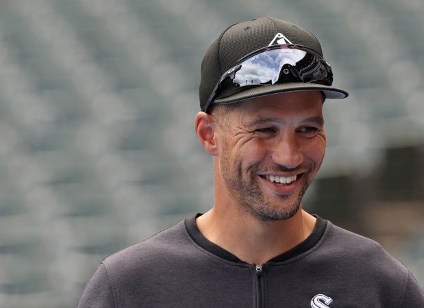 White Sox interim manager Grady Sizemore talks with a reporter before a game against the Cubs at Guaranteed Rate Field on Aug. 9, 2024, in Chicago. (John J. Kim/Chicago Tribune)