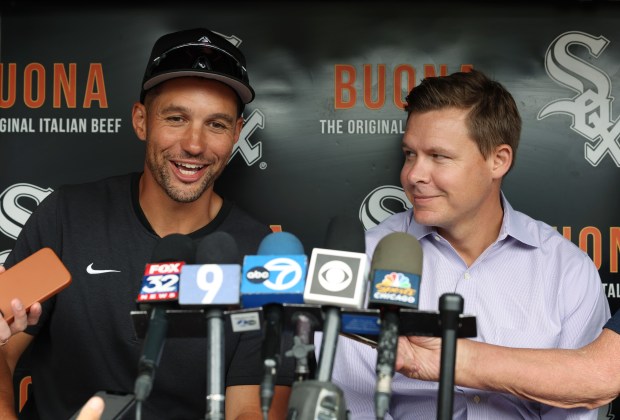 White Sox interim manager Grady Sizemore, left, and general manager Chris Getz answer reporters' questions before a game against the Cubs at Guaranteed Rate Field on Aug. 9, 2024, in Chicago. (John J. Kim/Chicago Tribune)