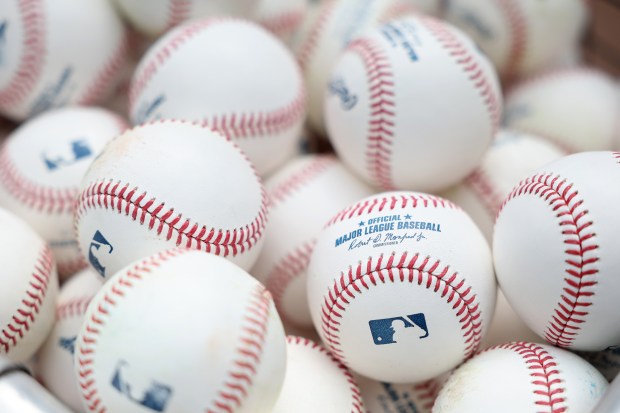 Baseballs are stored in a basket before batting practice for a game between the White Sox and Cubs at Guaranteed Rate Field on Aug. 9, 2024, in Chicago. (John J. Kim/Chicago Tribune)