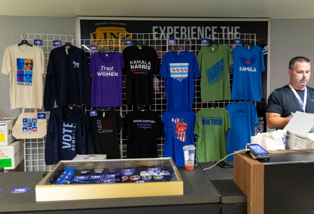 Merchandise is prepared Monday, Aug. 19, 2024, during the Democratic National Convention at the United Center. (Brian Cassella/Chicago Tribune)