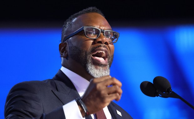 Chicago Mayor Brandon Johnson speaks on Aug. 19, 2024, during the Democratic National Convention at the United Center. (Brian Cassella/Chicago Tribune)