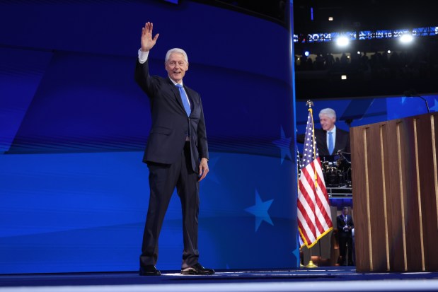 Former President Bill Clinton speaks to delegates, Aug. 21, 2024, during the Democratic National Convention at the United Center. (Brian Cassella/Chicago Tribune)