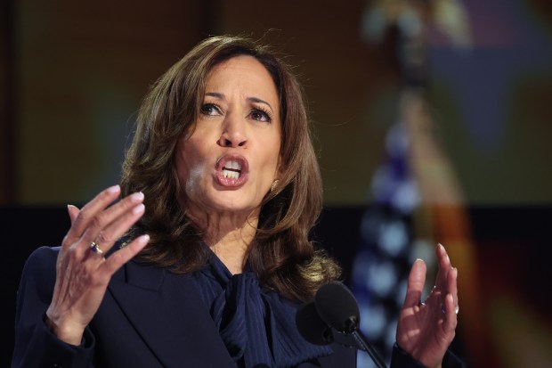 Democratic presidential nominee Vice President Kamala Harris greets delegates, Thursday, Aug. 22, 2024, during the Democratic National Convention at the United Center. (Brian Cassella/Chicago Tribune)