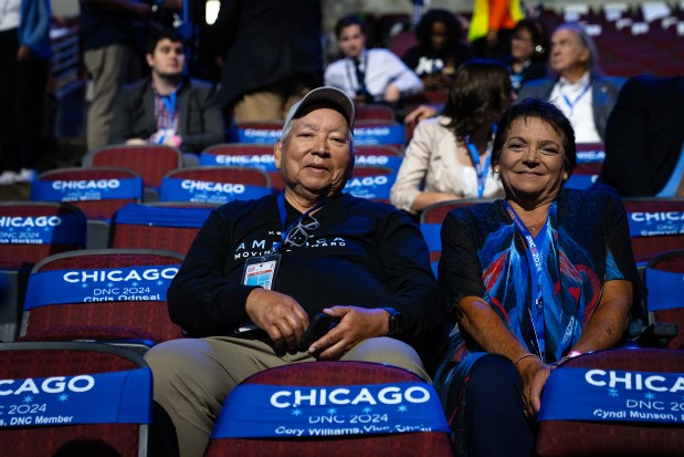 Francis Harjo, 77, left, and Debra Proctor, 67, both Oklahoma delegates from the Cherokee Nation attend the Democratic National Convention at the United Center on Aug. 19, 2024. (E. Jason Wambsgans/Chicago Tribune)