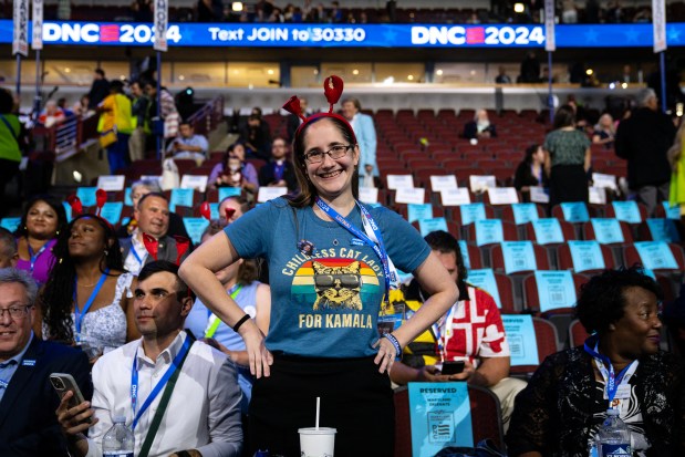 Wearing a claws headband is Michele Dappert, 33, a Maryland delegate from Talbot County, Marylandat the Democratic National Convention at the United Center on Aug. 19, 2024. (E. Jason Wambsgans/Chicago Tribune)