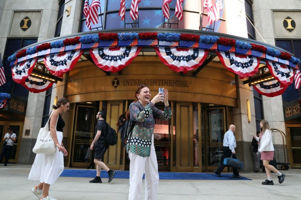 The InterContinental Chicago hotel, on Michigan Avenue in Chicago, displays patriotic decorations on, Aug. 14, 2024, for the upcoming Democratic National Convention. (Terrence Antonio James/Chicago Tribune)