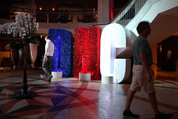 Large letters in the lobby of the InterContinental Chicago hotel, on Michigan Avenue in Chicago, seen on Wednesday, Aug. 14, 2024, will welcome people in town for the Democratic National Convention. (Terrence Antonio James/Chicago Tribune)