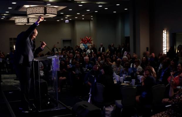 Sen. Cory Booker (D-NJ) speaks at the Illinois state delegation breakfast held inside Hotel 71 on Aug. 19, 2024. (Antonio Perez/Chicago Tribune)