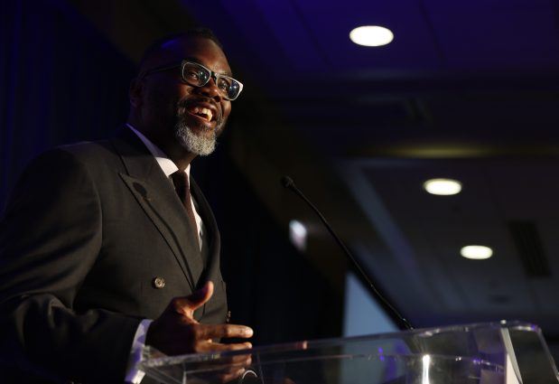 Chicago Mayor Brandon Johnson speaks at Illinois' Presidential Delegation breakfast at the Royal Sonesta Hotel on Aug. 21. 2024, in Chicago. (Stacey Wescott/Chicago Tribune)