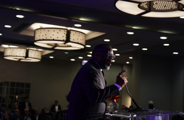 Chicago Mayor Brandon Johnson speaks at Illinois' Presidential Delegation breakfast at the Royal Sonesta Hotel on Aug. 21. 2024, in Chicago. (Stacey Wescott/Chicago Tribune)