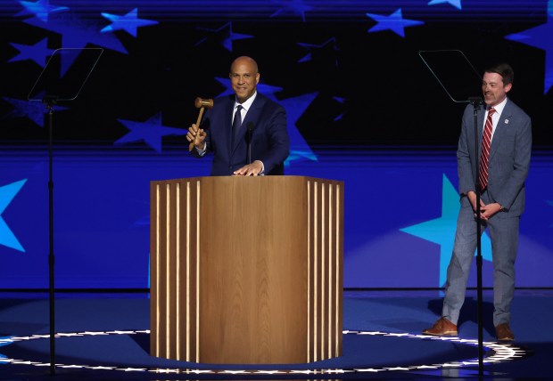 U.S. Sen. Cory Booker opens the Democratic National Convention at the United Center in Chicago on Aug. 21, 2024. (Chris Sweda/Chicago Tribune)