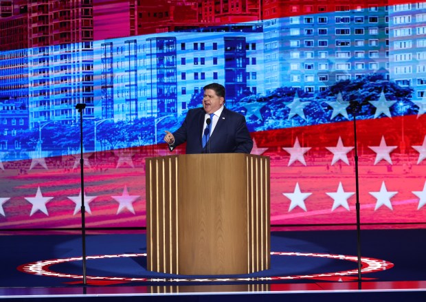 Gov. JB Pritzker speaks at the Democratic National Convention at the United Center in Chicago on Tuesday, Aug. 20, 2024. (Chris Sweda/Chicago Tribune)