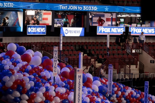 Television studio's set up at the United Center on Aug. 16, 2024, in preparation for the upcoming Democratic National Convention. (Antonio Perez/Chicago Tribune)