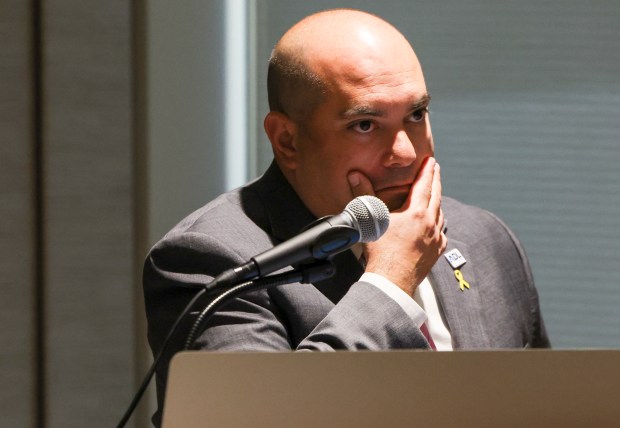 David Goldenberg, of the Anti-Defamation League, answers questions at the Jewish United Fund on Aug. 8, 2024, during a news conference. (Eileen T. Meslar/Chicago Tribune)