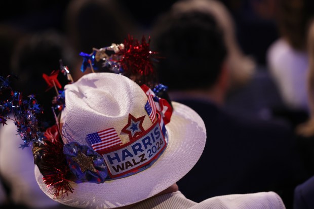 A California delegate wears a Harris-Walz hat, Aug. 22, 2024, during the Democratic National Convention at the United Center. (Tess Crowley/Chicago Tribune)