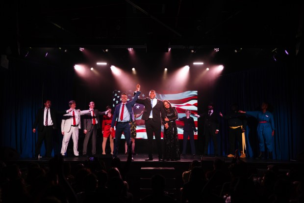 Chad Doreck, T.J. Wilkins and cast in "44 - The unOFFICIAL, unSANCTIONED Obama Musical," now at the Epiphany Center for the Arts in Chicago. (Mackenzie Hilton)