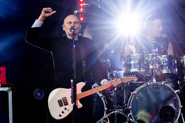 Billy Corgan of The Smashing Pumpkins performs at Wrigley Field in Chicago on Aug. 13, 2024. (Tess Crowley/Chicago Tribune)