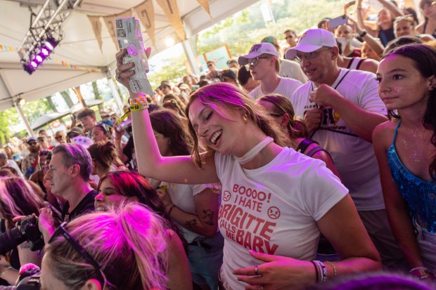 Fans dance to Chicago band Brigitte Calls me Baby at the Toyota Music Den at Lollapalooza in Chicago's Grant Park on Aug. 3, 2024. (Tess Crowley/Chicago Tribune)