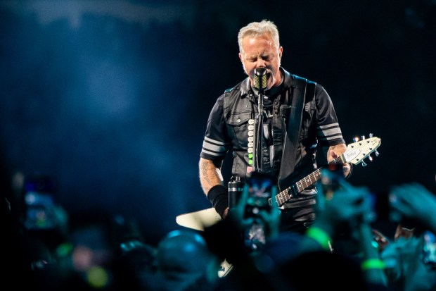 James Hetfield of Metallica performs at Soldier Field in Chicago on Aug. 9, 2024. (Tess Crowley/Chicago Tribune)