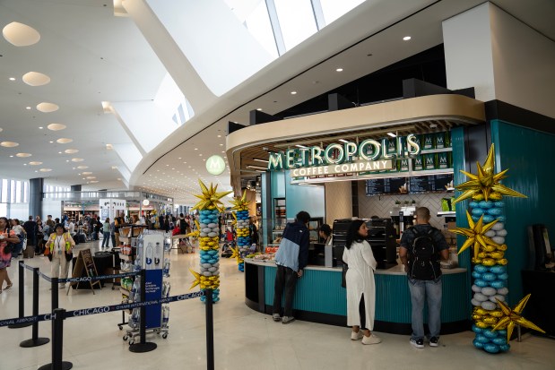 The new Metropolis Coffee concession at O'Hare International Airport Terminal 5 is seen on Aug. 13, 2024. (E. Jason Wambsgans/Chicago Tribune)