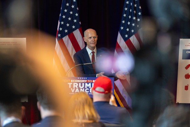 U.S. Senator Rick Scott of Florida, speaks during a GOP response to Kamala Harris at Trump Tower, on Monday, Aug. 19, 2024, in Chicago. (Vincent D. Johnson/for the Chicago Tribune)