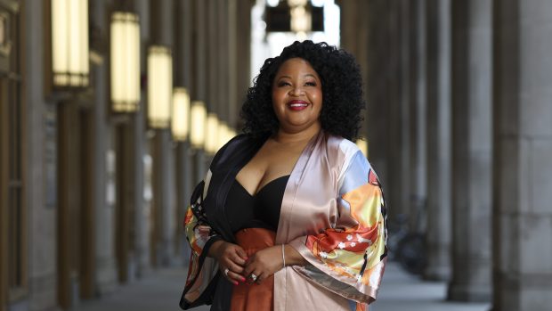 Lyric Opera resident artist Karen Slack outside the Civic Opera House on July 15, 2024. (Eileen T. Meslar/Chicago Tribune)