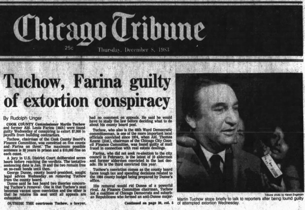 Cook County Commissioner Martin Tuchow and former Ald. Louis Farina were found guilty on Dec. 7, 1983, of conspiring to extort $7,000 in payoffs from building contractors. (Chicago Tribune)