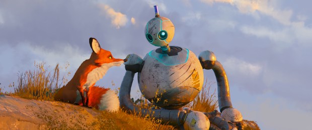 Fink the fox (voiced by Pedro Pascal) befriends Roz the robot (voiced by Lupita Nyong'o) in "Wild Robot." (Universal Pictures/DreamWorks Animation)