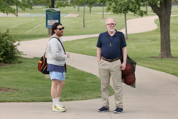 From left: Adam Pally as Danny, Tracy Letts as Mitch in "Mr. Throwback." (George Burns Jr/Peacock)