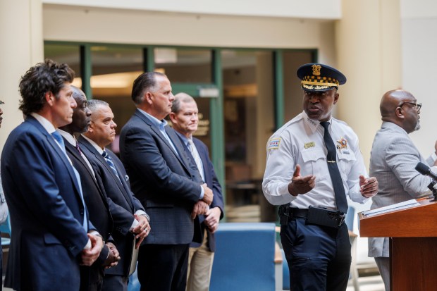 Superintendent Larry Snelling, right, attends a press conference to discuss final preparations for public safety before the Democratic National Convention at the Office of Emergency Management and Communications Tuesday Aug. 13, 2024 in Chicago. (Armando L. Sanchez/Chicago Tribune)