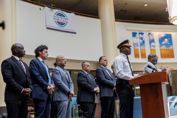 Superintendent Larry Snelling, right, attends a press conference to discuss final preparations for public safety before the Democratic National Convention at the Office of Emergency Management and Communications on Aug. 13, 2024, in Chicago. (Armando L. Sanchez/Chicago Tribune)