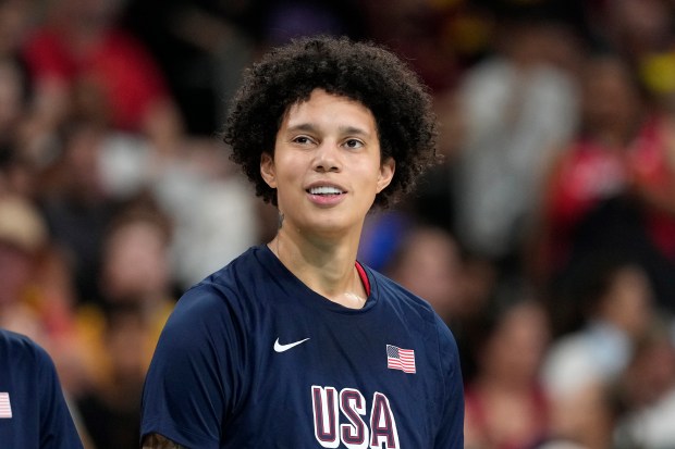 Brittney Griner stands on the court before the U.S. Olympic women's basketball team's game against Belgium on Thursday, Aug. 1, 2024, in Villeneuve-d'Ascq, France. (AP Photo/Michael Conroy)