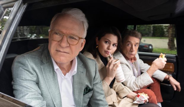 From left: Steve Martin, Selena Gomez and Martin Short in Season 4 of "Only Murders in the Building." (Eric McCandless/Hulu)