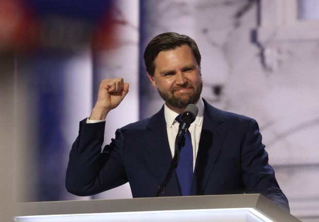 Vice presidential candidate JD Vance speaks on July 17, 2024, during the Republican National Convention at Fiserv Forum in Milwaukee. (John J. Kim/Chicago Tribune)