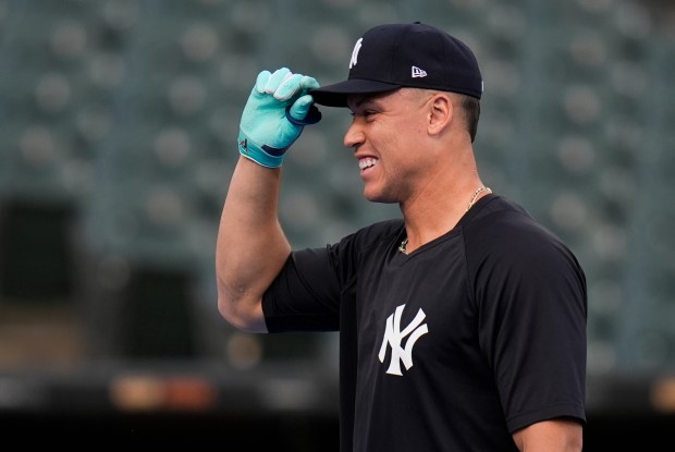 The Yankees' Aaron Judge warms up before a game against the White Sox on Monday, Aug. 12, 2024, at Guaranteed Rate Field. (AP Photo/Erin Hooley)