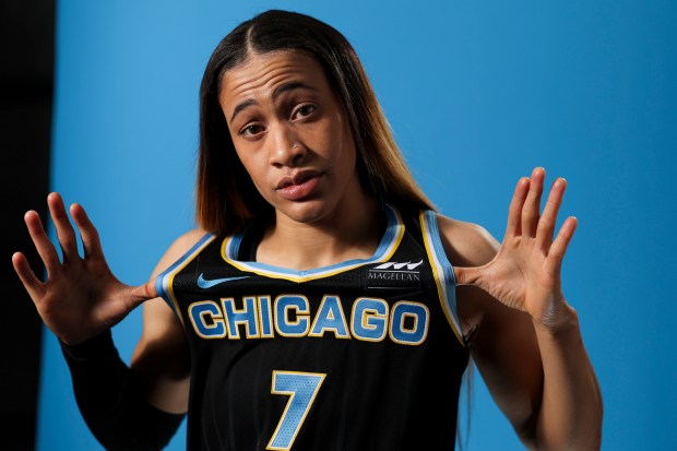 Sky guard Chennedy Carter on May 8, 2024, during media day at Wintrust Arena. (Eileen T. Meslar/Chicago Tribune)