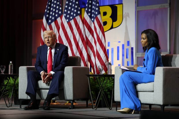 Former President Donald Trump answers a question from Rachel Scott, senior congressional correspondent for ABC News, during a Q and A at the National Association of Black Journalists Annual Convention and Career Fair at Hilton Chicago in the Loop on July 31, 2024. (Eileen T. Meslar/Chicago Tribune)