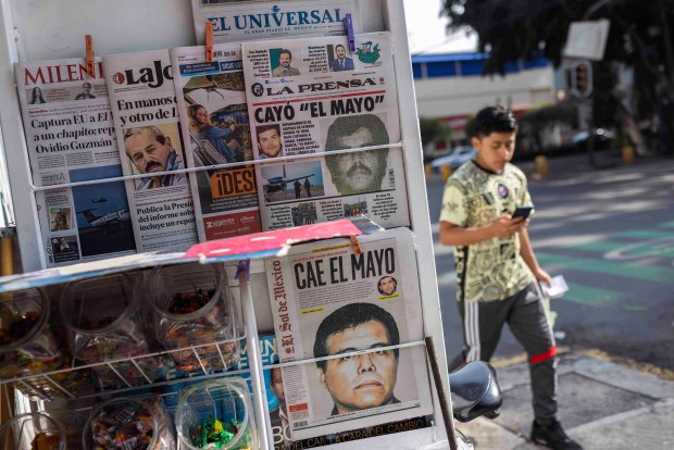 View of the front pages of Mexican newspapers showing the news of the capture of Ismael "El Mayo" Zambada, in Mexico City on July 26, 2024. (Rodrigo Oropeza/AFP)