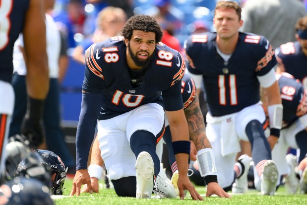 Bears quarterback Caleb Williams warms up before a preseason game against the Bills at Highmark Stadium on Aug. 10, 2024, in Orchard Park, N.Y. (Rich Barnes/Getty Images)