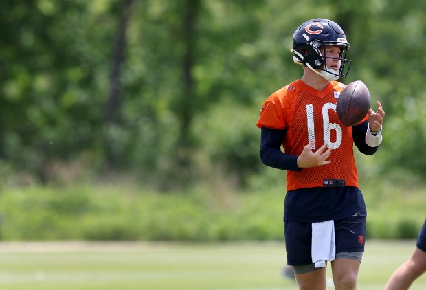 Chicago Bears quarterback Austin Reed (16) participates in Organized Team Activities at Halas Hall in Lake Forest on Friday, May 31, 2024. (Chris Sweda/Chicago Tribune)